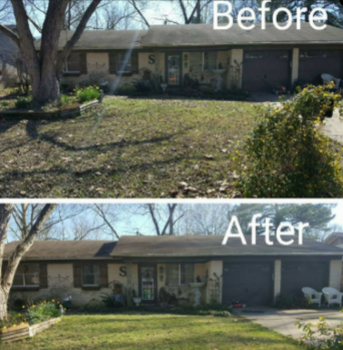 Before and after shots of a house: yard cleanup, exterior improvements.