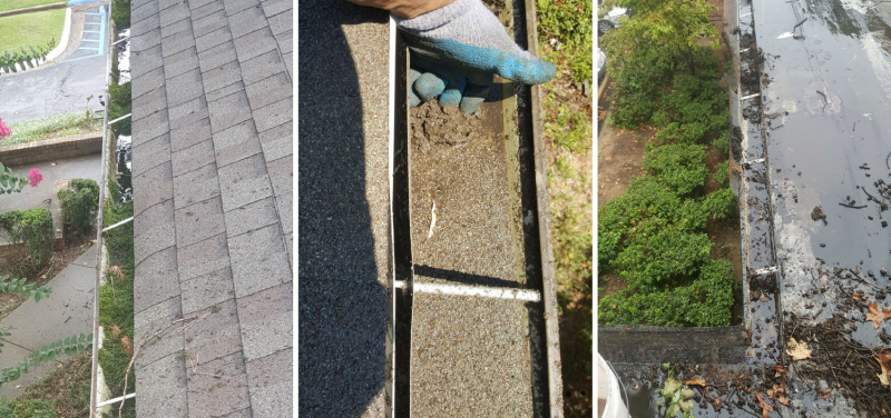 Various views of a gutter cleaning process: roof, hand in a dirty gutter, plants, debris in a gutter.
