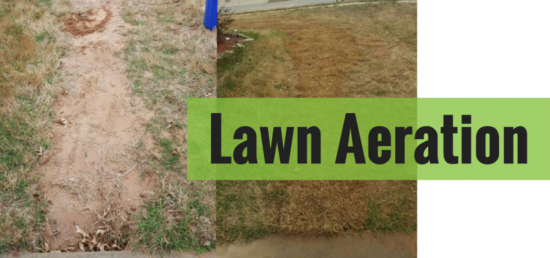 Two lawns side-by-side, one aerated and one not. Green text reads