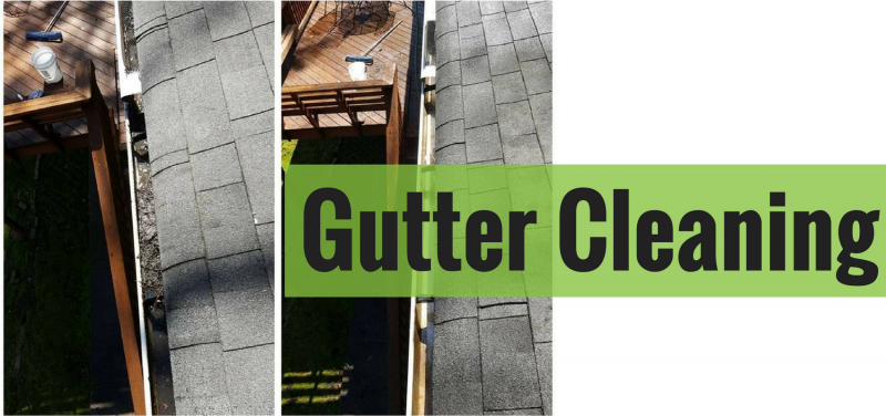Gutter cleaning service ad, showcasing a rooftop with gray shingles and text overlay.