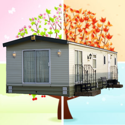 A mobile home is shown in two different seasons