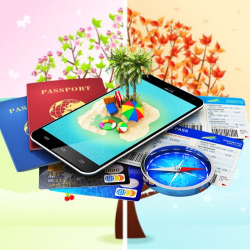 A phone with a small island on the screen is surrounded by passports credit cards and a compass