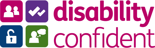 A logo that says disability confident with icons on it