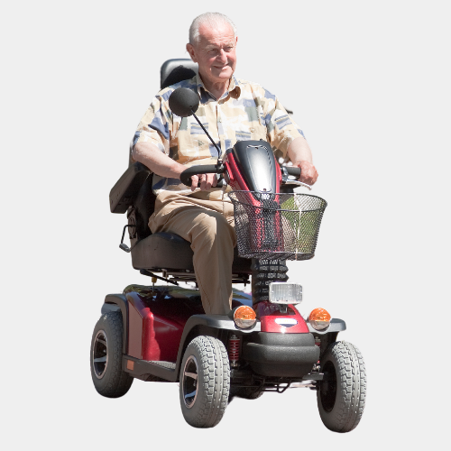 An elderly man is riding a mobility scooter through four seasons.