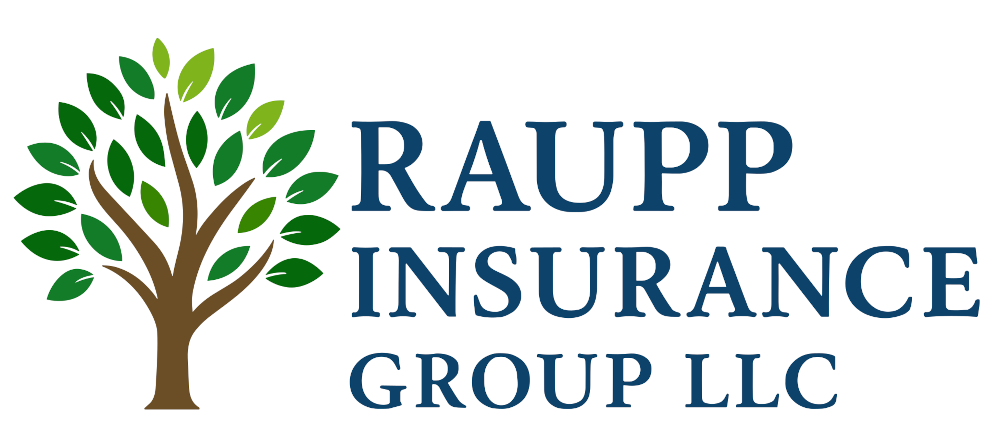 Logo of Raupp Insurance Group LLC with a tree graphic and text in a blue font.