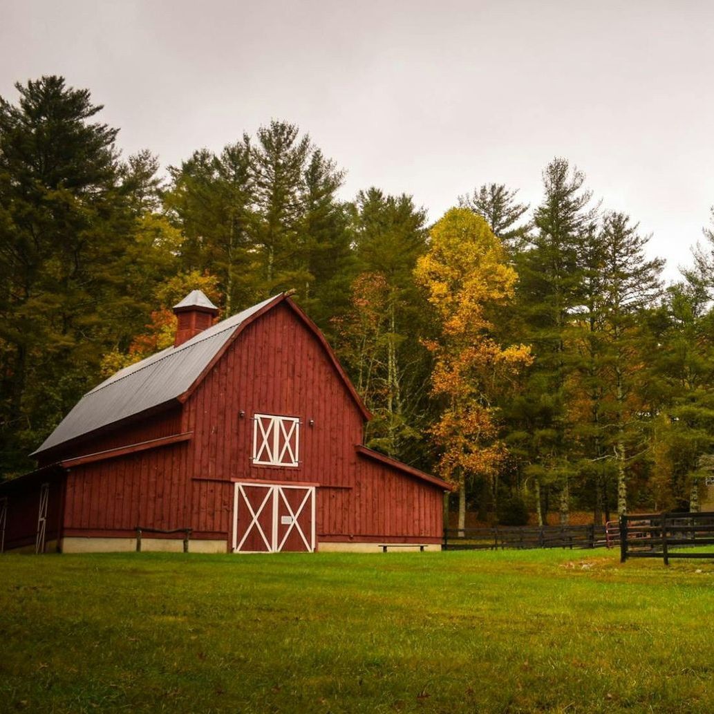 A red barn is in the middle of a grassy field surrounded by trees.