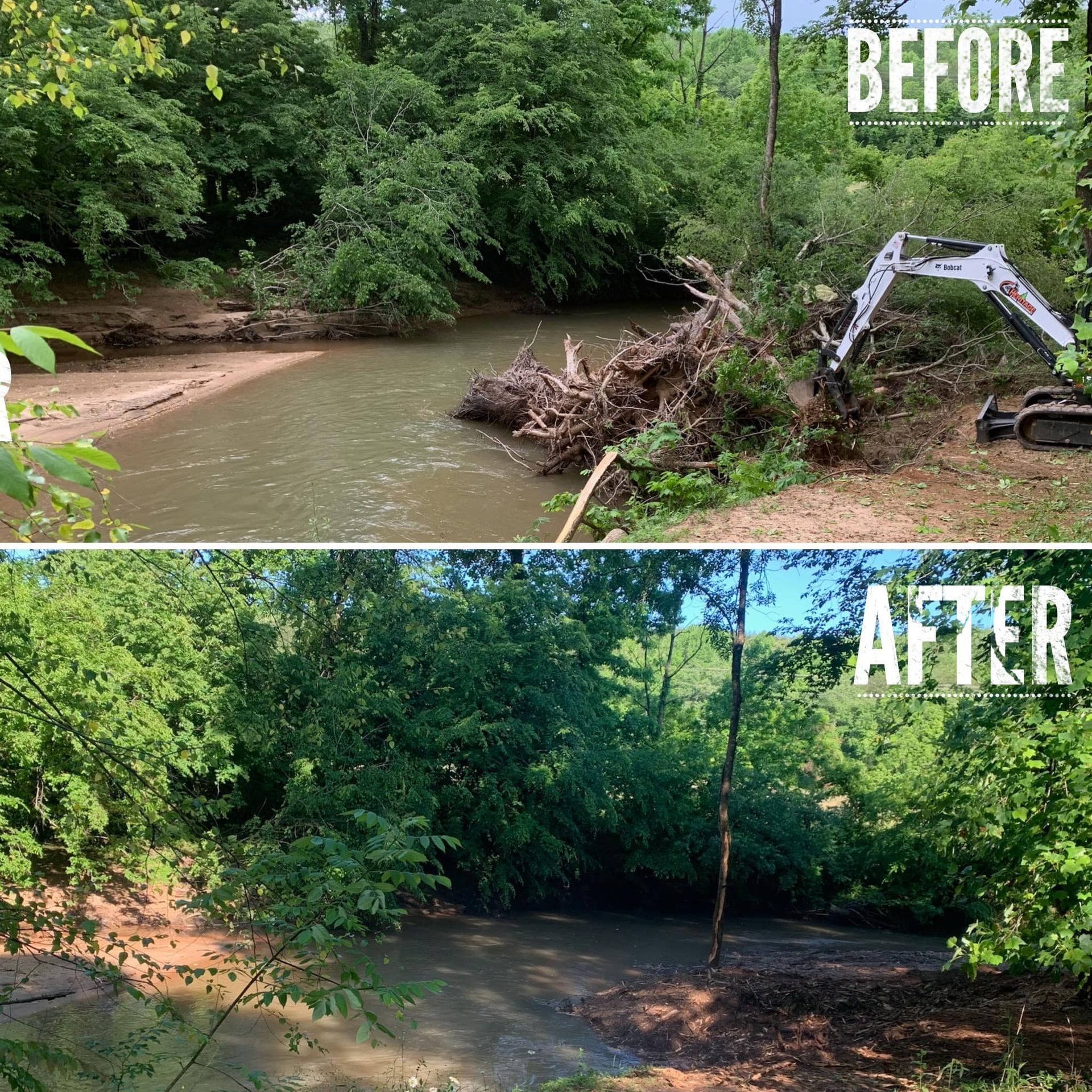 Before and after photos of a muddy creek with dense foliage. Heavy machinery removes debris in the 