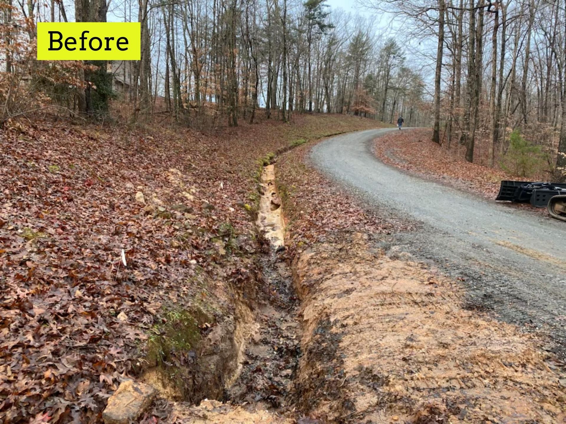 A muddy ditch along a gravel road, with a hillside covered in brown leaves. Before text in yellow.