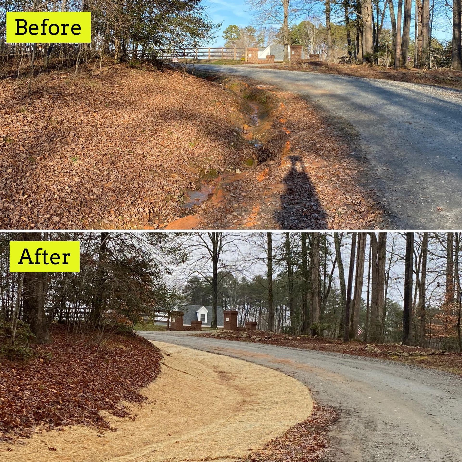 Before and after of a driveway, showing leaves removed and gravel added.