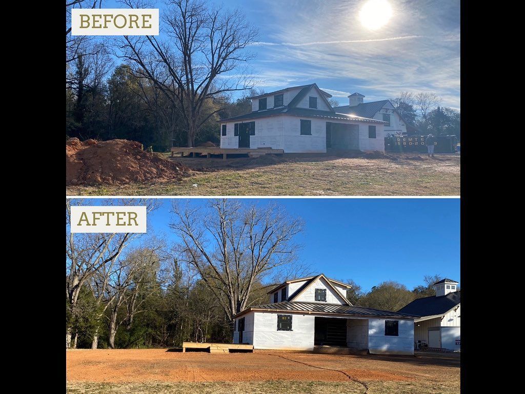 Two photos of a house under construction; before (top) and after (bottom) with completed roof and exterior.