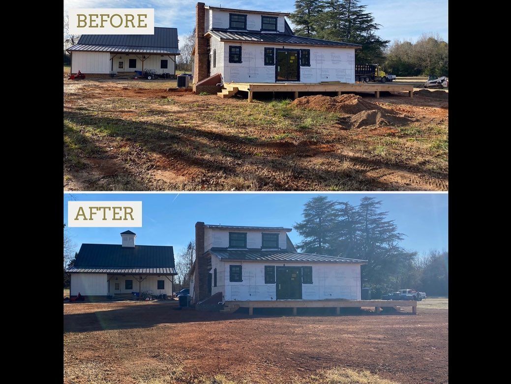 Comparison of house construction before and after. White house with dark roof, and deck. Dry, brown field.