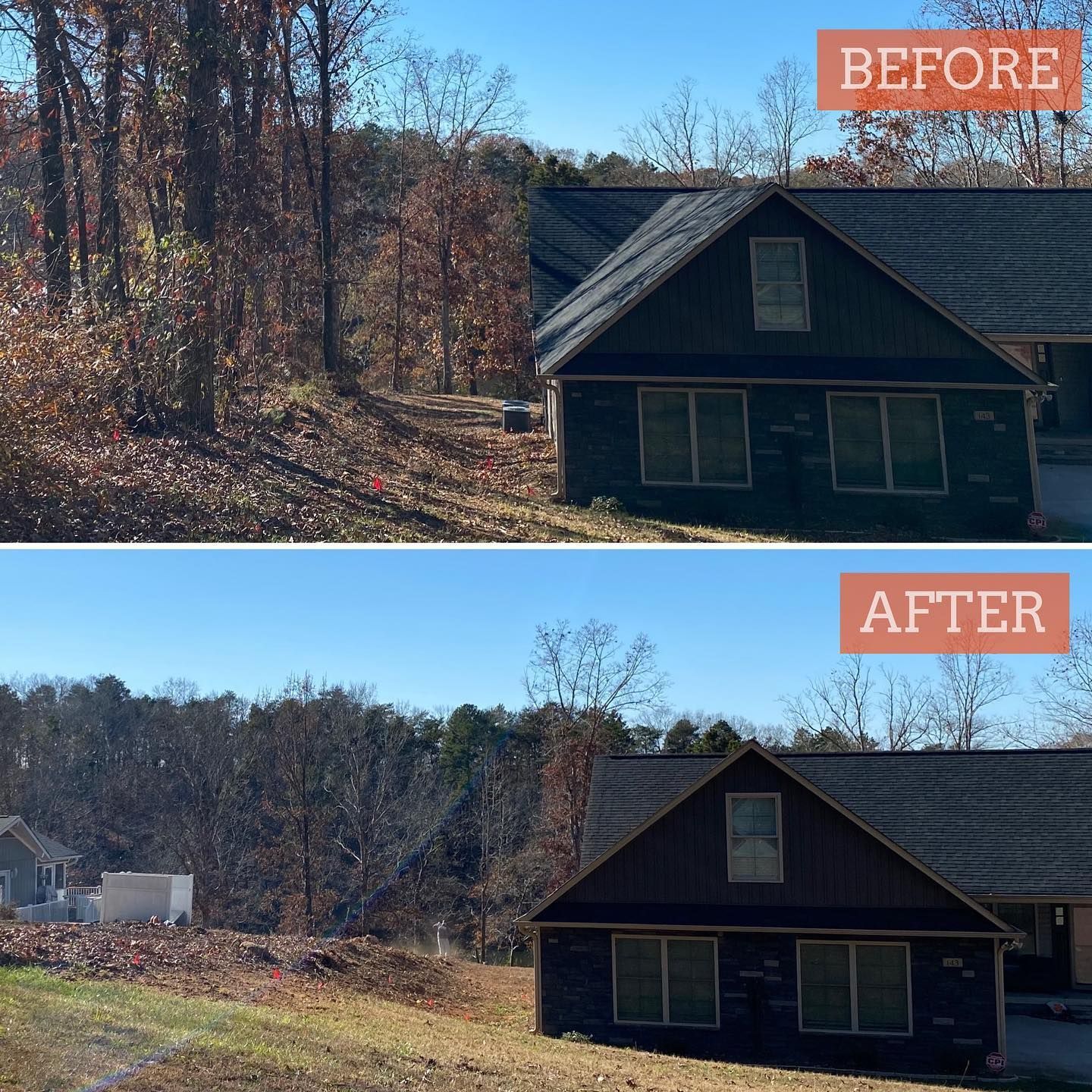 Before and after photos show clearing trees to reveal construction of a new house next to an existing house.