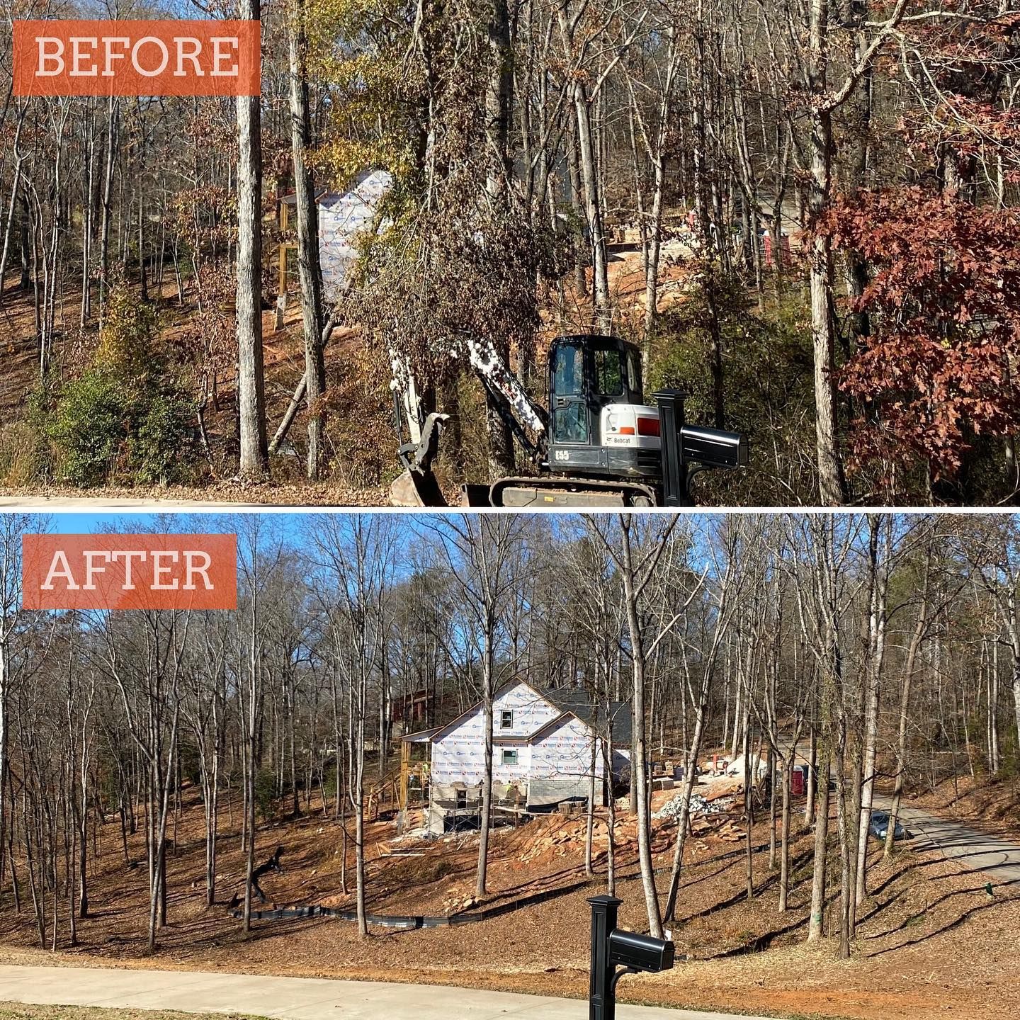 Before and after photos of a wooded lot being cleared for a house construction.  A small excavator is visible.