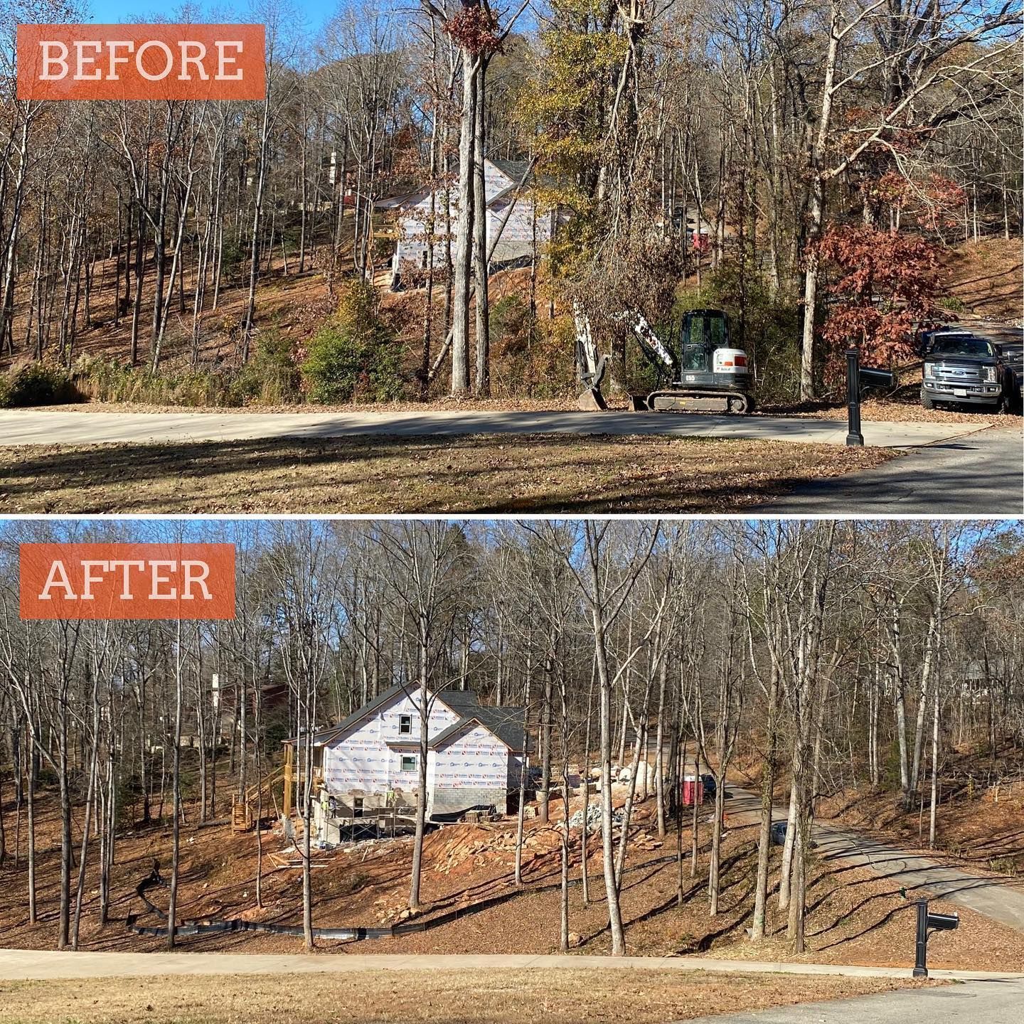 Before and after view of a house in a wooded area. Land cleared around the house after work.