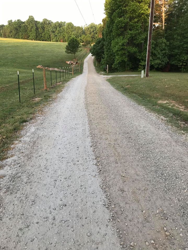 Dirt road leading uphill through a grassy field, bordered by a fence and trees.