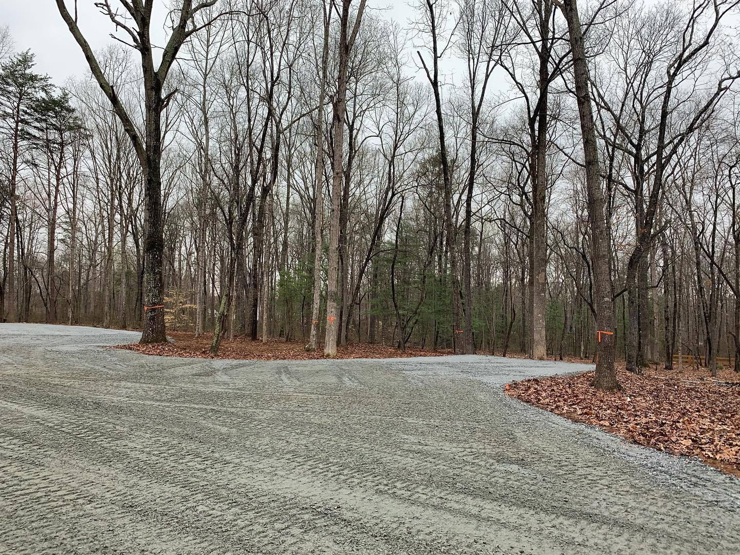 Gravel driveway curving through a wooded area with bare trees and gray sky.