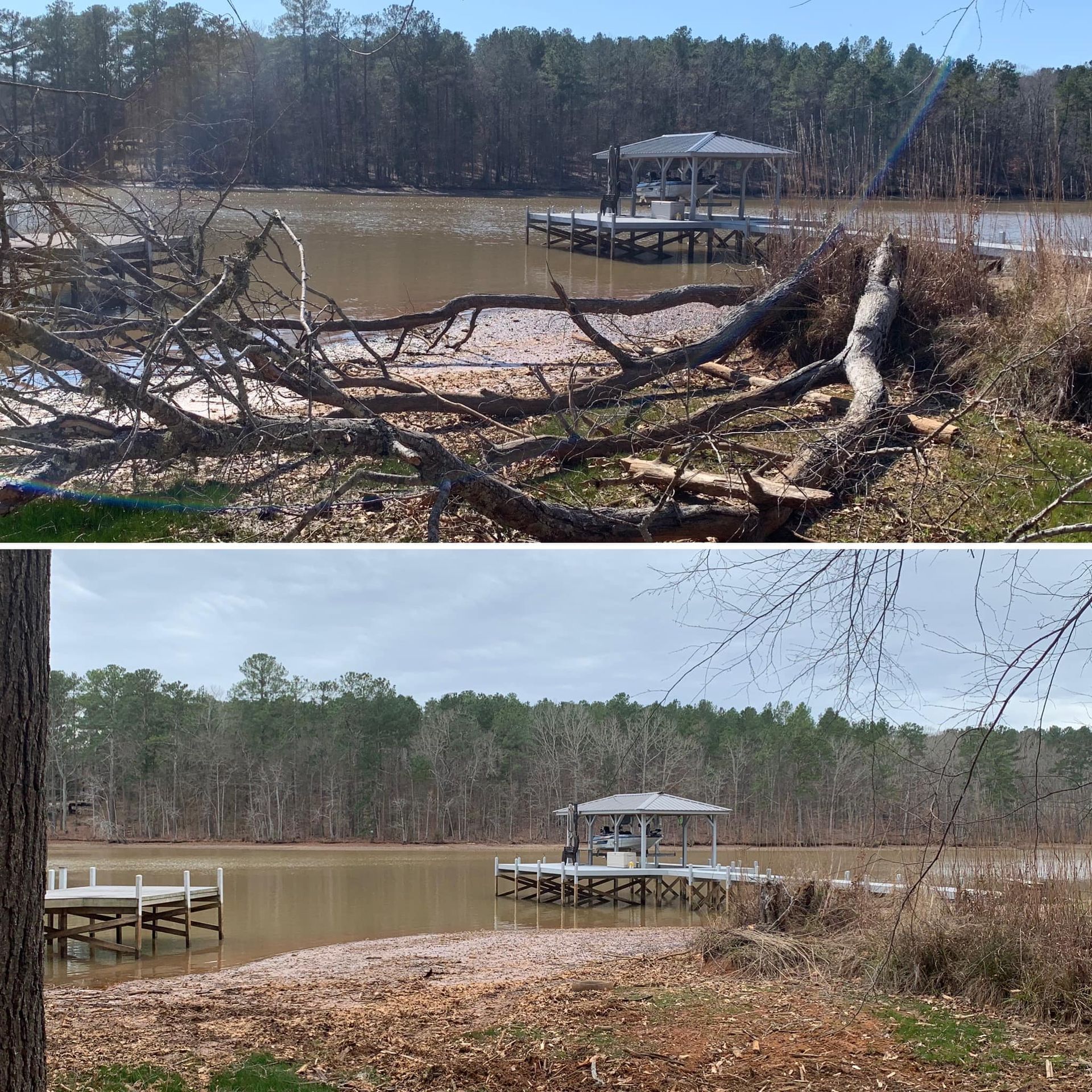 Two-panel view of a lake and dock. Top panel has fallen branches on shore. Bottom panel shows the area cleared.