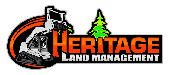 Logo for Heritage Land Management. White skid steer, orange accents, green tree icon, text "Heritage Land Management."