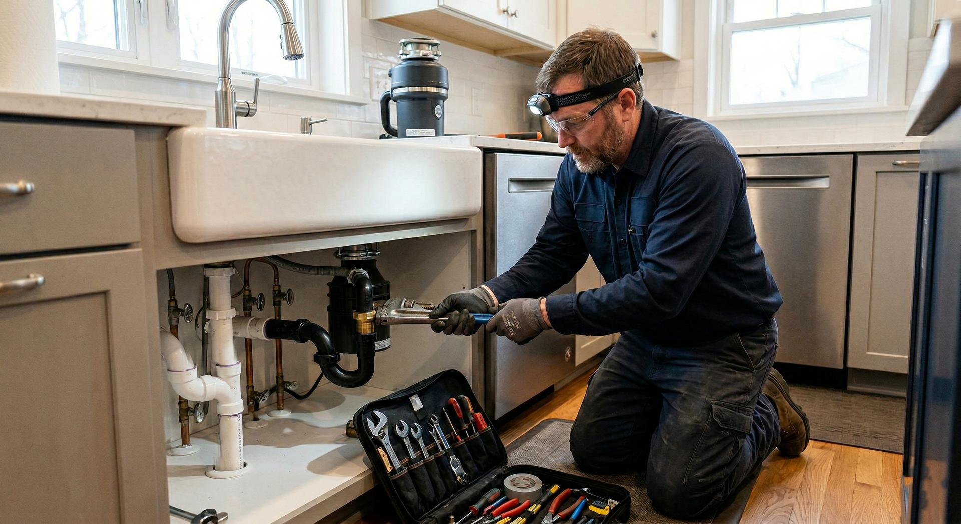 A professional plumber wearing a headlamp kneels on a kitchen floor, repairing pipes under a sink using a wrench.
