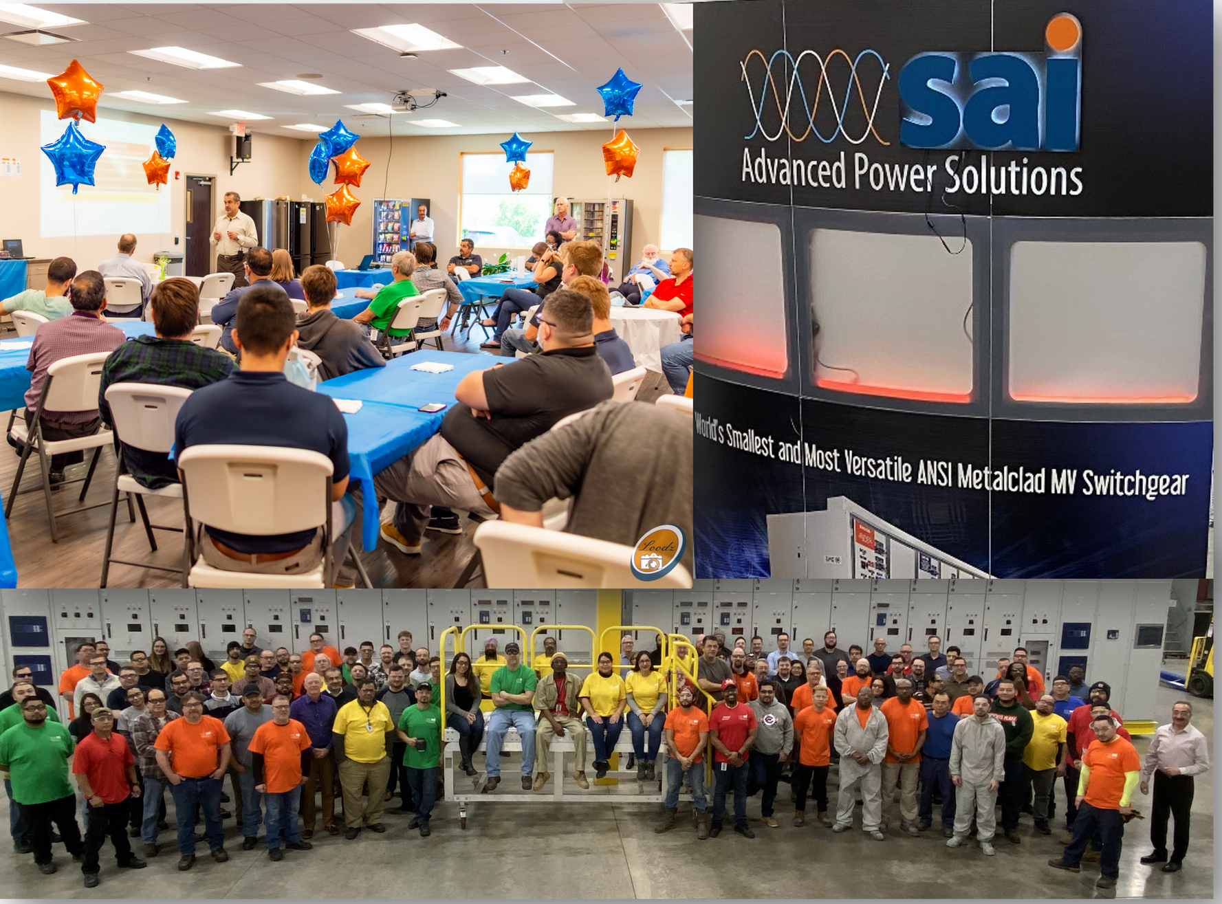 A group of people standing in front of a sign that says sai