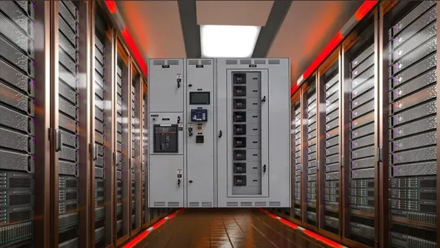 A long hallway filled with rows of servers in a data center.