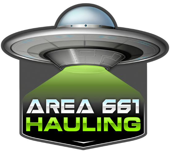 A logo for area 661 hauling with a flying saucer