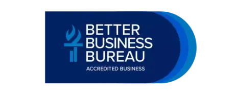 Better Business Bureau Accredited Business logo featuring a blue torch icon and text on a blue background.