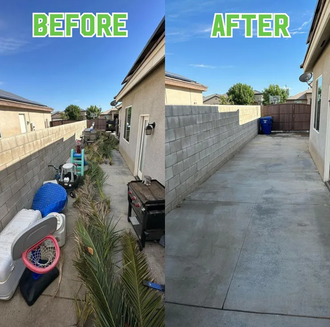 a before and after picture of a backyard with a brick wall and less trash