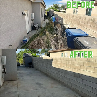 a before and after picture of a backyard with a lot of debirs.