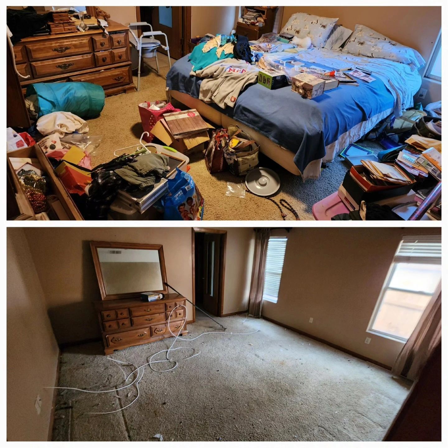 A before and after photo showing the work of Area 661 Hauling. A Bakersfield bedroom with a messy bed and dresser, is not super clean.