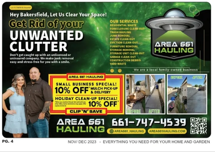 An advertisement for area 661 hauling shows a man and woman and junk removal services offered