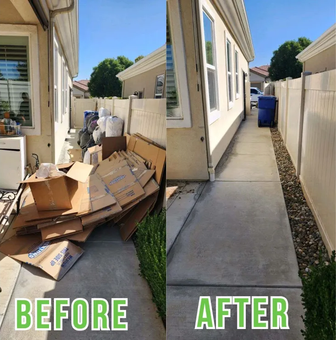 a before and after picture of a house with junk on the sidewalk