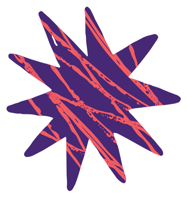 Lilla og rosa stjerneeksplosjon med et krusedullelignende mønster.