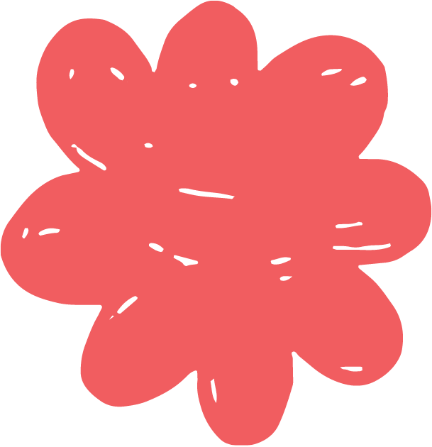 Rosa, stilisert blomsterform med hvite, skisserte detaljer.