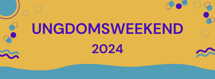 Tekst «UNGDOMSHELG 2024» i lilla på gul bakgrunn med turkise bølger og aksenter.