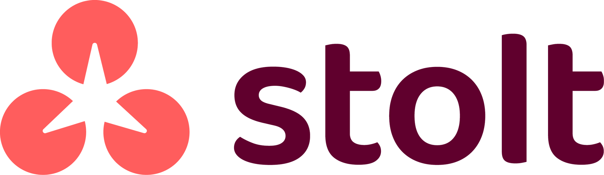 Logo for Stolt, med rød, blomsterlignende grafikk og ordet «stolt» i mørkerødt.