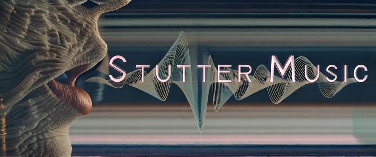 Ordene «Stutter Music» over en bakgrunn av abstrakte blå former med en romvesenlignende profil til venstre.