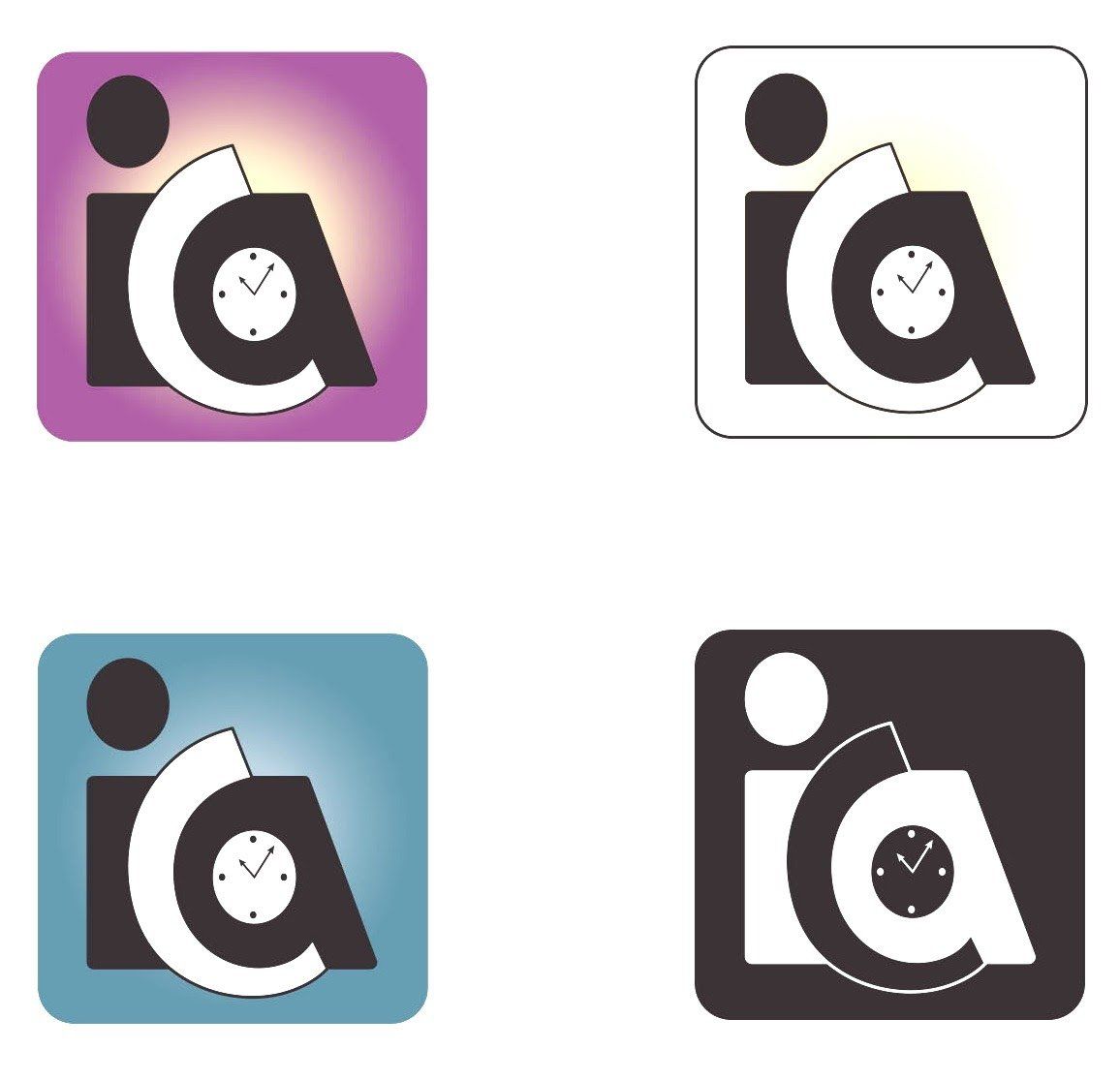Fire varianter av en logo: Hvit «ia» med klokke, svart sirkel på toppen, på firkantet bakgrunn, lilla, hvit, blågrønn og mørkegrå.