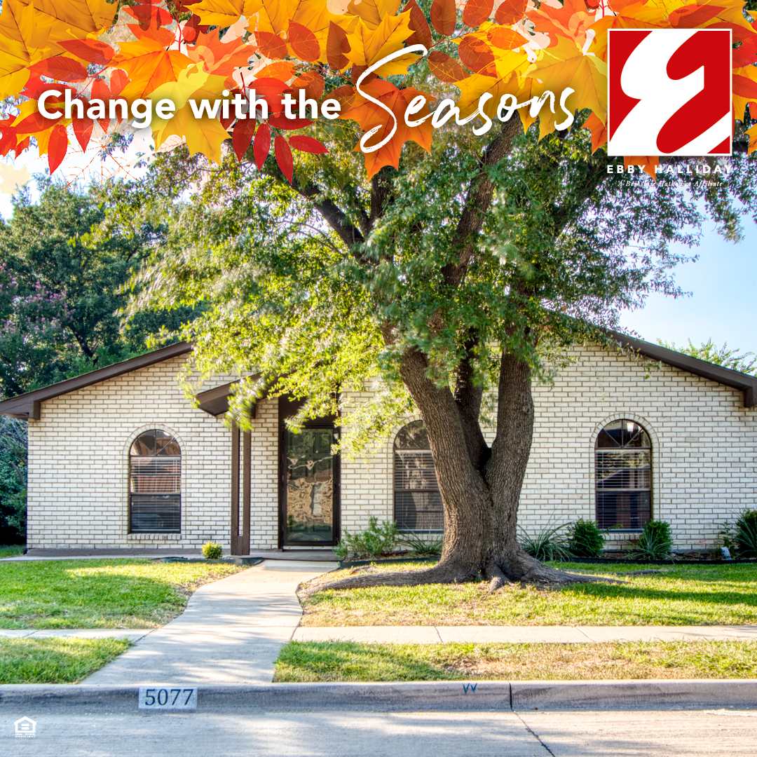 A house with a tree in front of it and a sign that says `` change with the seasons ''.