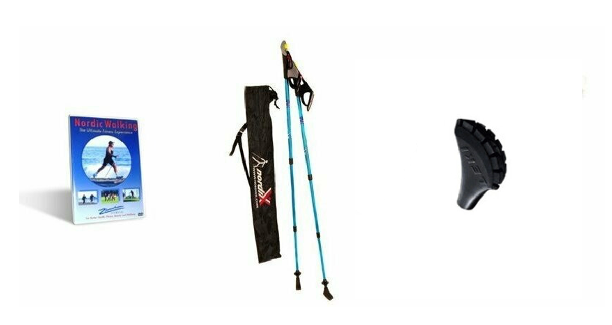 A pair of nordic walking poles with a bag