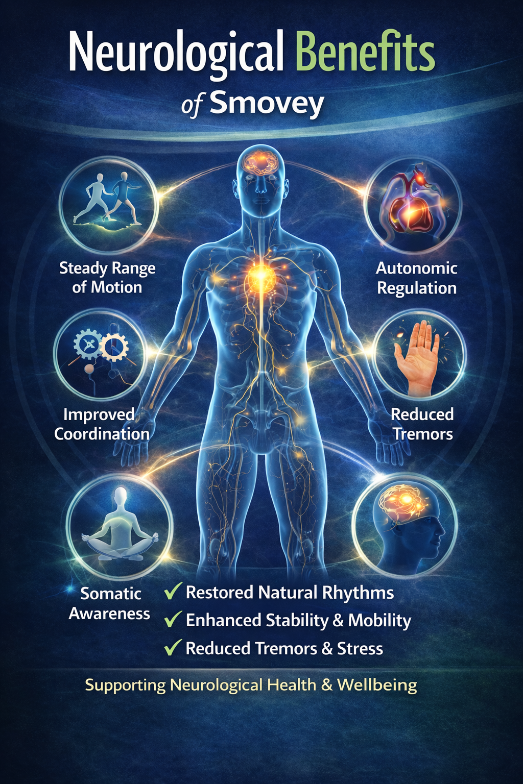 Infographic detailing neurological benefits of Smovey, including improved coordination, reduced tremors, and stability.