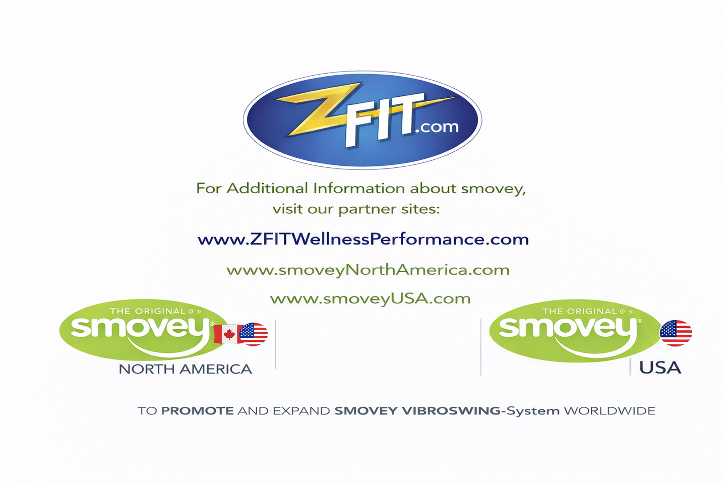 An information graphic for ZFIT and smovey, listing partner websites for the smovey VIBROSWING system.