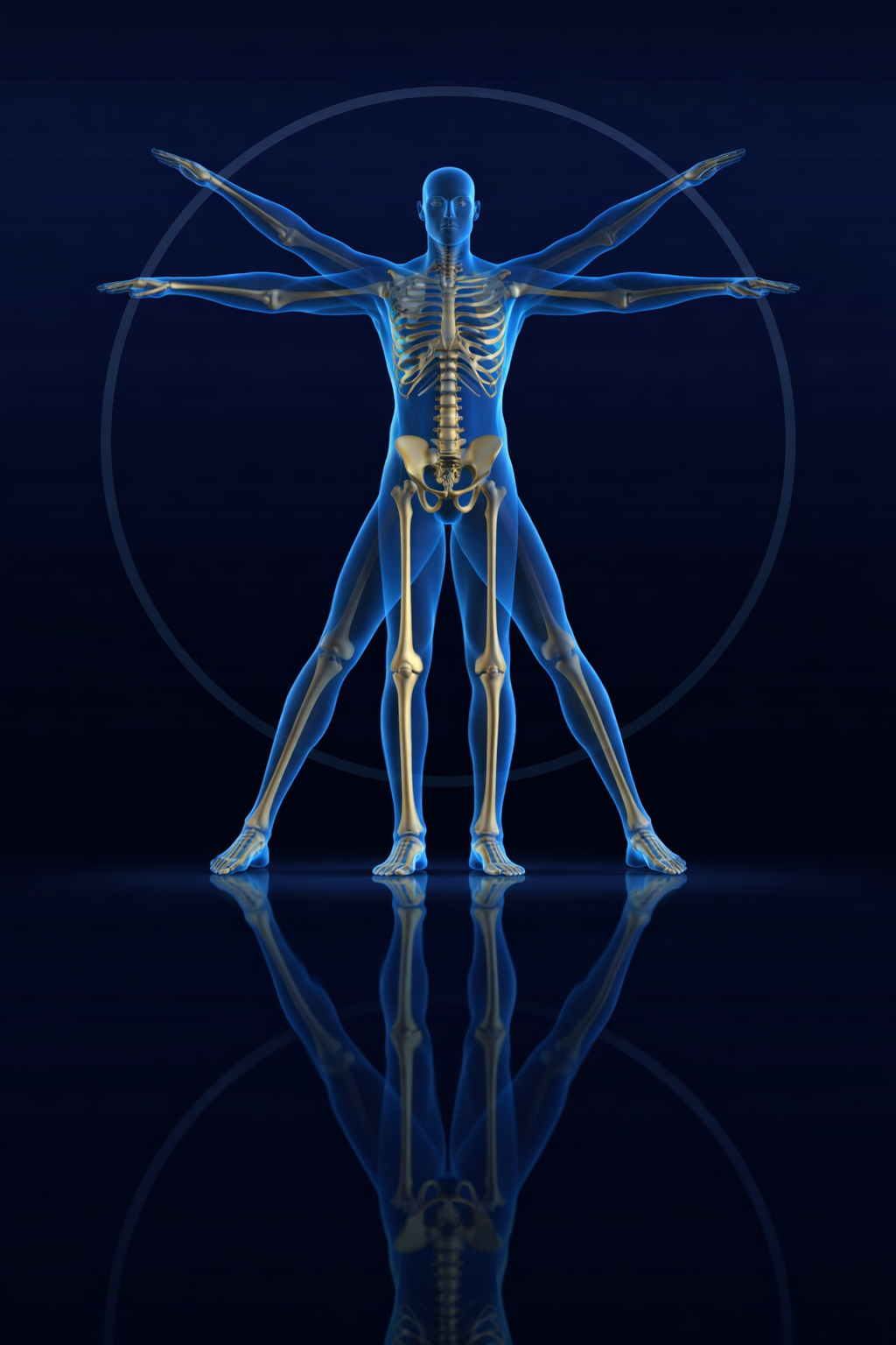 A blue, translucent anatomical illustration of a human skeleton, posed within a circle against a dark, reflective background.