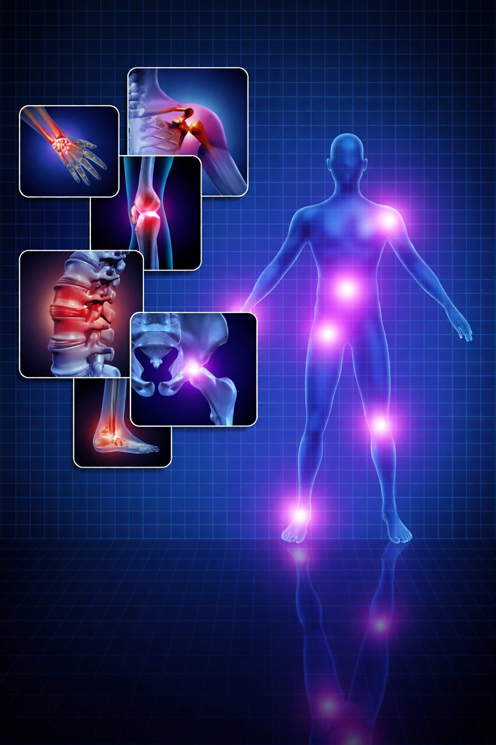 A blue grid background featuring a digital human figure with glowing points at joints, paired with close-up pain diagrams.