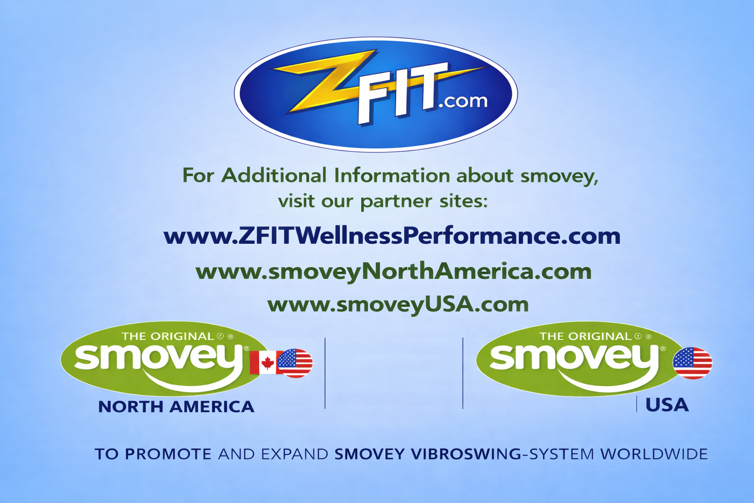 An information graphic for ZFIT and smovey, listing partner websites for the smovey VIBROSWING system.