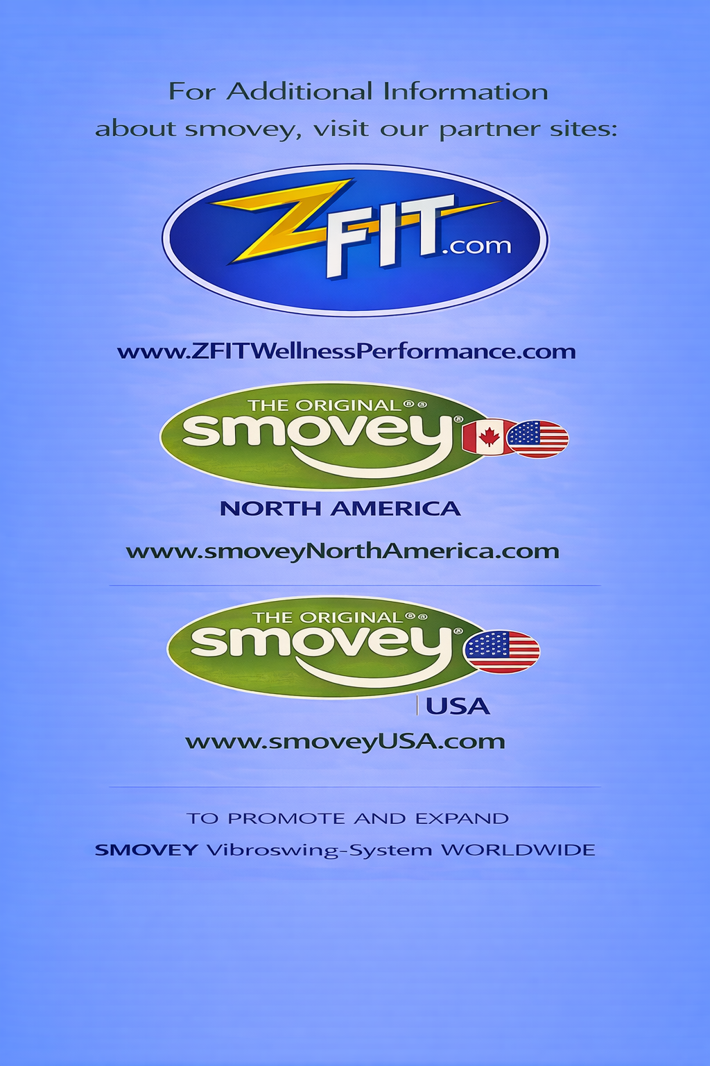 Blue promotional flyer with Zift and Smovey North America/USA logos and website links