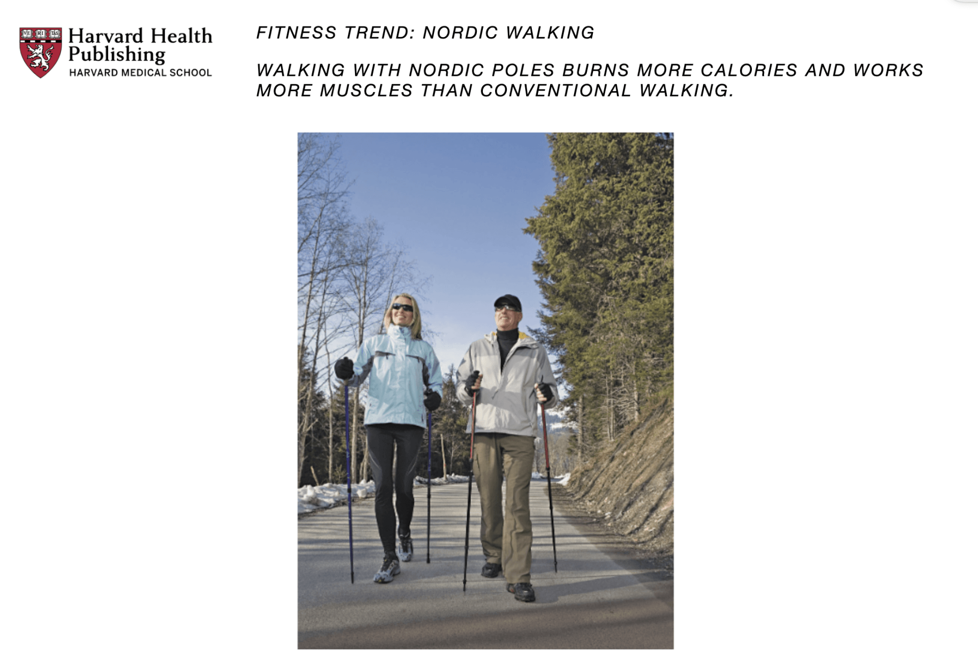 A man and a woman are walking with nordic poles.
