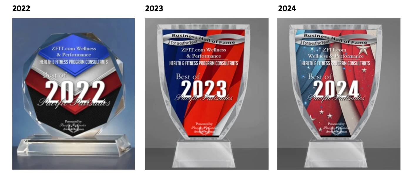 Three trophies with the year 2022 , 2023 , and 2024 on them.