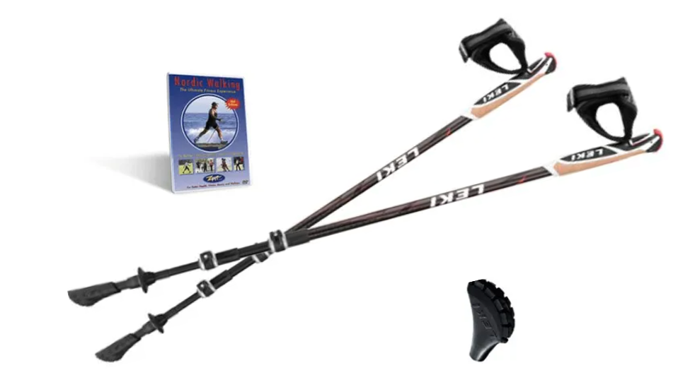 A pair of walking poles and a book on a white background