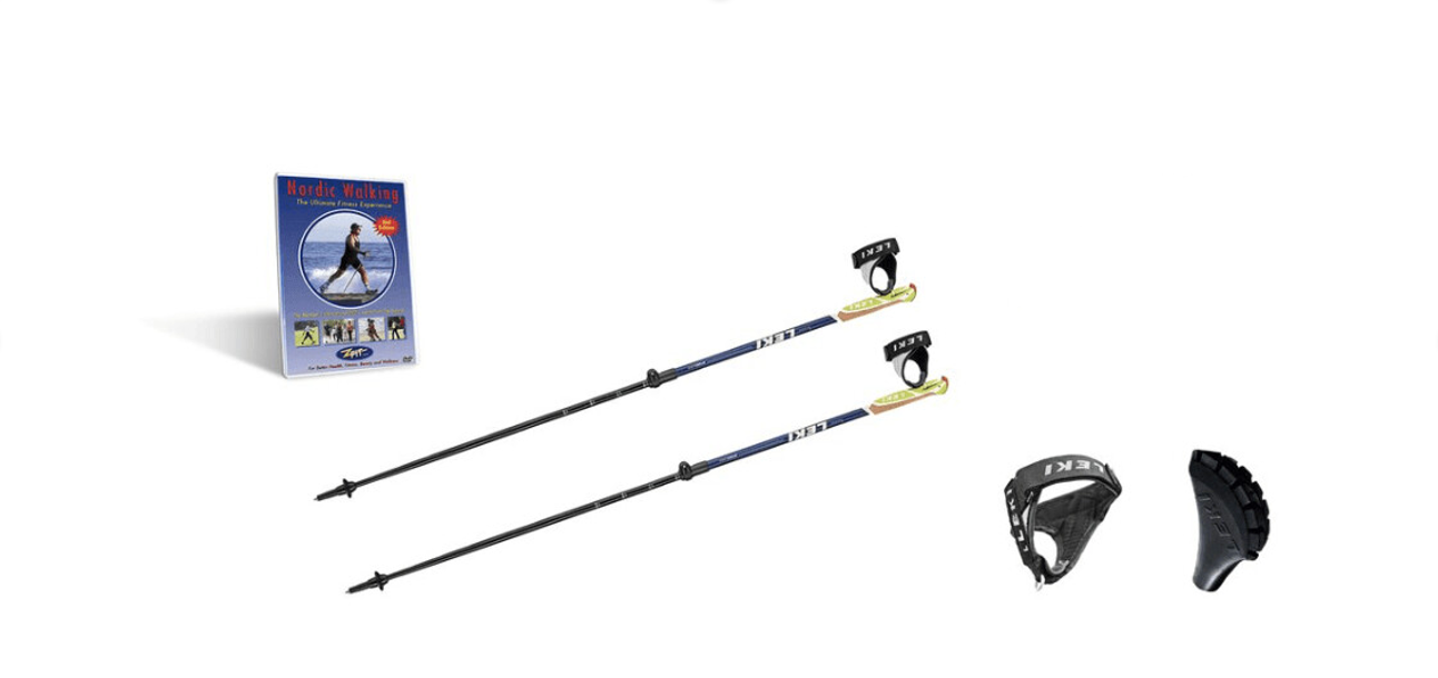 A pair of walking poles and a pair of skis on a white background.